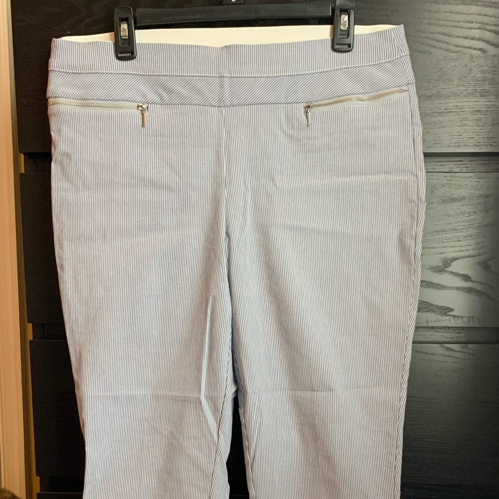 Blue and white pinstripe ankle pants